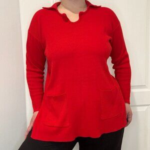 Vintage Red Knit Pullover with Scalloped Collar & Front Pockets